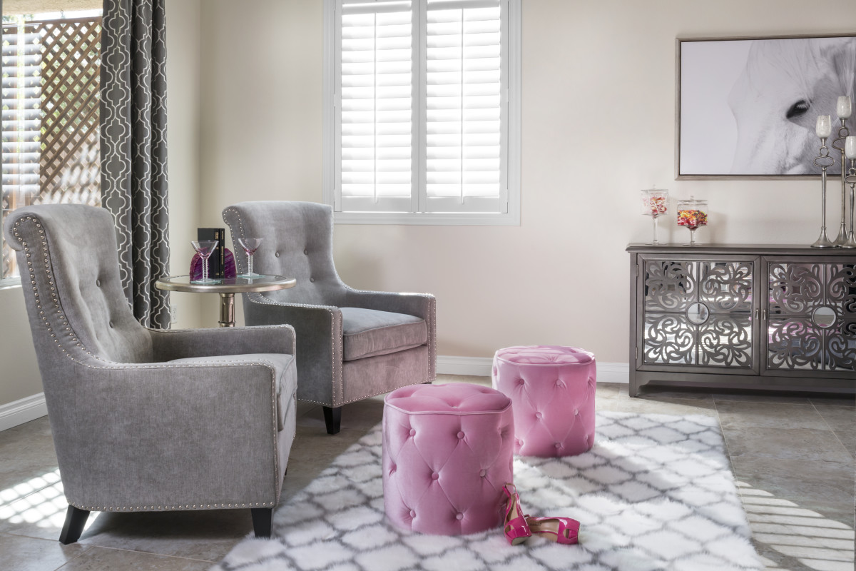 San Diego pink living room with shutters